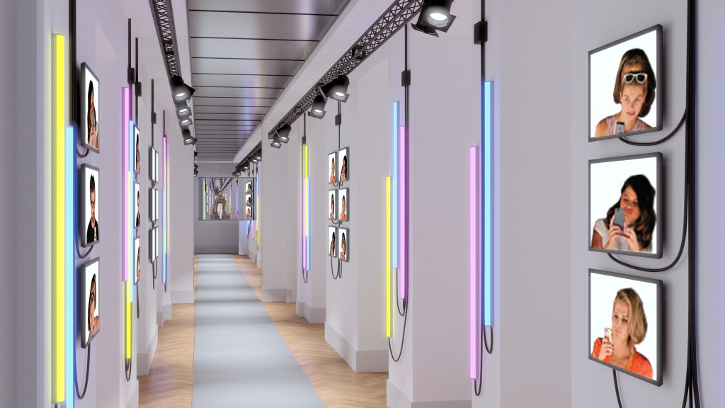 Pour une société de consultants située près des Champs-Élysées, scénographie dans le couloir principal des bureaux afin de personnaliser les lieux de manière ludique. Proposition d’un aménagement suggérant un défilé de mode. Créer un intéractivité entre le déplacement du personnel et le lieu qui installe un jeu et casse la sérénité ambiante.