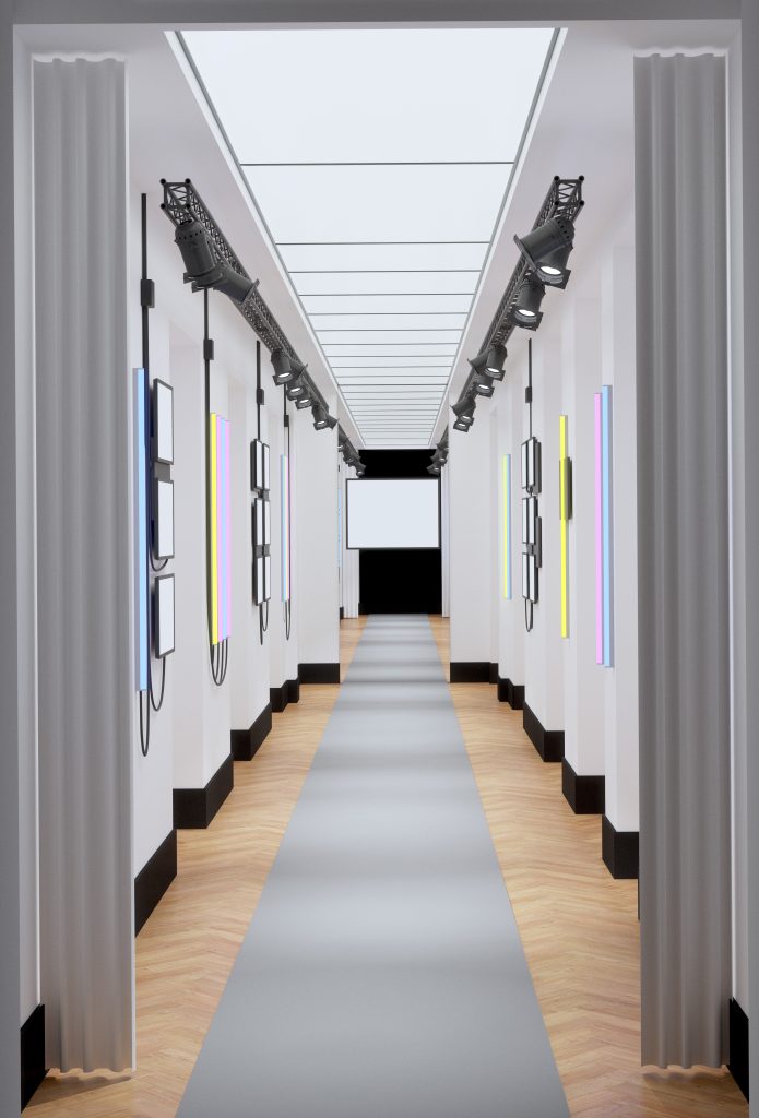 Pour une société de consultants située près des Champs-Élysées, scénographie dans le couloir principal des bureaux afin de personnaliser les lieux de manière ludique. Proposition d’un aménagement suggérant un défilé de mode. Créer un intéractivité entre le déplacement du personnel et le lieu qui installe un jeu et casse la sérénité ambiante.