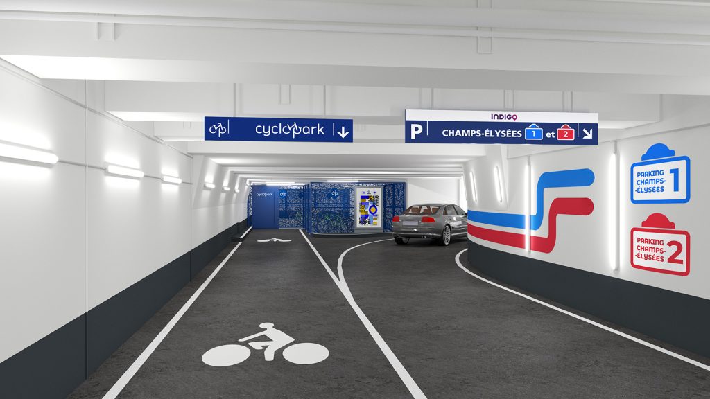Pour la société Indigo Park, suite à un travail amenant à renommer des parkings, création de pictogrammes permettant de distinguer les 2 espaces. Réalisation de frises graphiques venant à la fois animer les parkings et localiser les sorties desservies. #indigopark #parkdesign #parkwayfinding #parkingsignage @paris @champs-elysees
