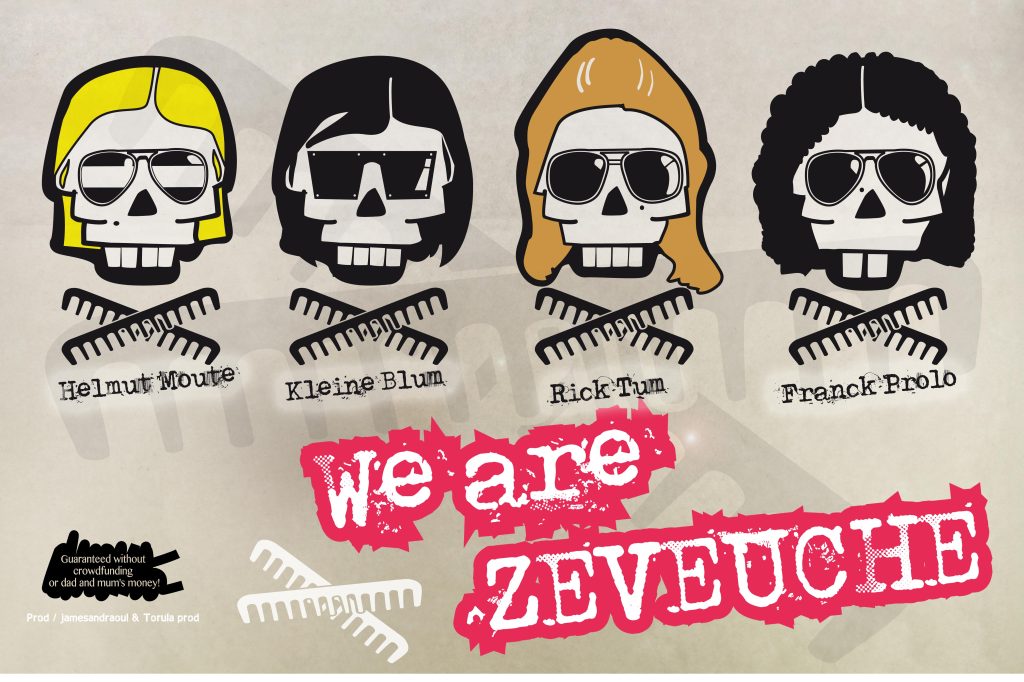Création de la charte graphique pour le groupe de rock’n’hair Zeveuche. Mise en œuvre de la communication. Exécution d’illustrations et conception d’affiches et de flyers. Réalisation du graphisme de leur premier 45t comprenant pochette, stickers, leaflet. #zeveuche #rocknhair