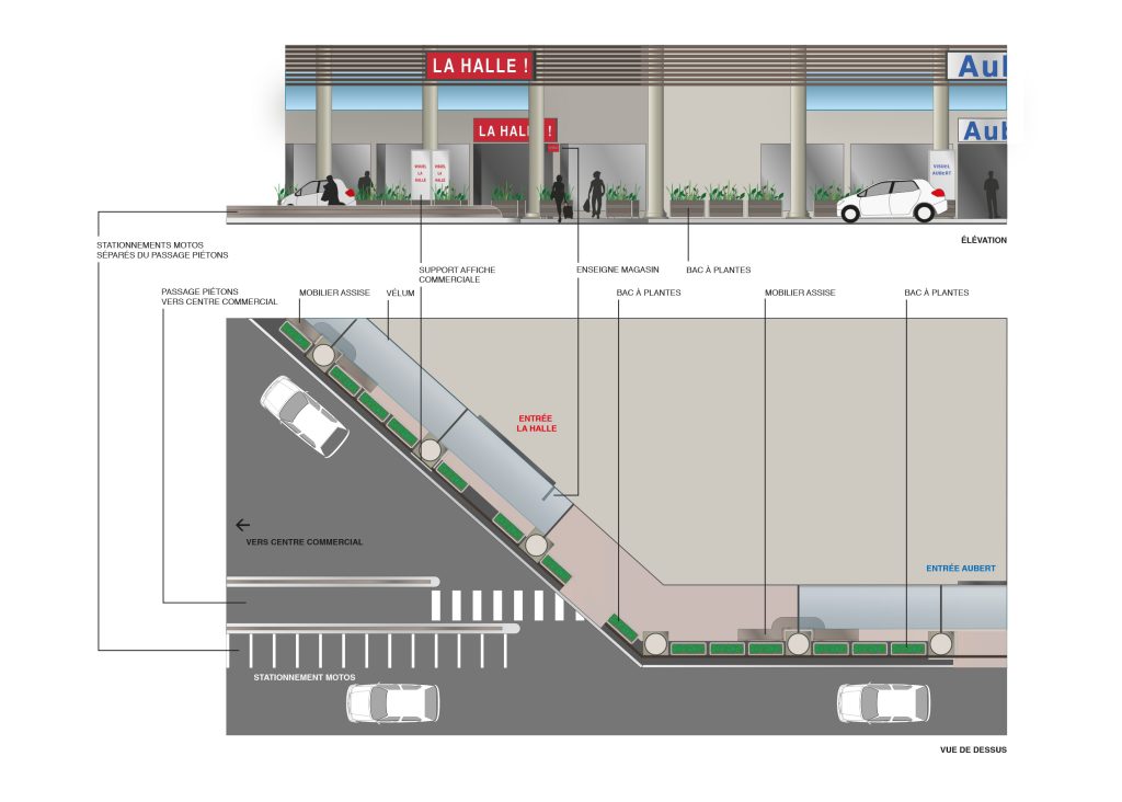 Création de la nouvelle identité architecturale des façades 
et du mail.
Organisation des espaces et design des mobiliers intérieurs 
et exterieurs.
Réalisation des images, et plans.

Nouvelle identité graphique et graphisme : Agence Saisons. #retaildesign @claudelecante #retailsignage #nicelingostière