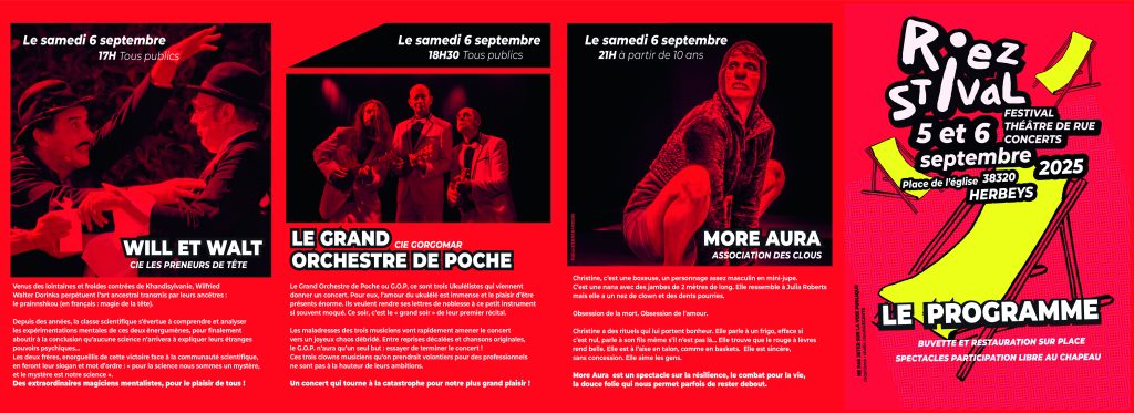 Création de la ligne graphique du festival de théâtre de rue Riezstival qui se déroule à Herbeys près de Grenoble. Design de l’affiche, flyers, le programme et campagne publicitaire en 2024 et 2025. Réalisation des fichiers d’éxécution graphique. Le festival a reçu en spectacle Fred Blin, Patrick De Valette, No Coffe for the Queen, More Aura, Dis bonjour à la Dame etc. #grenoble #herbeys #graphisme #affiche_design #fredBlin #fred_blin @fedblin @moreaura @designgraphique #theatrederue #theatre_de_rue #graphisme_lecante