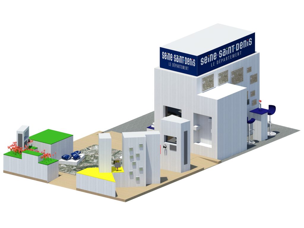 Stand du Conseil de la Seine Saint-Denis pour la Cop 21. Conception de la scénographie. Réalisation des plans de principe et suivi de fabrication. Surface : 60 m2 Collaboration avec l'agence Saisons Graphisme : Saisons Photos : Claude Lecante